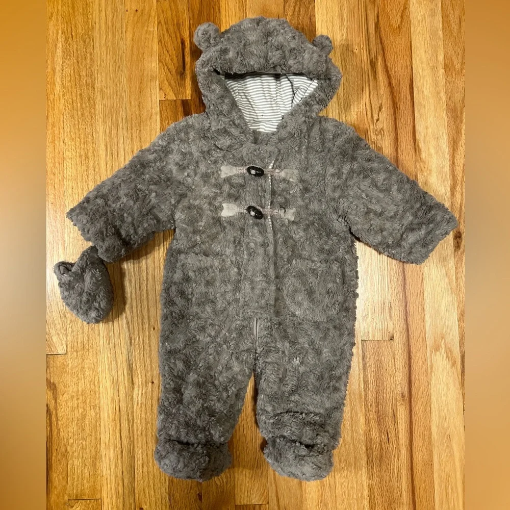 John Lewis UK Plush Bear Ears Hooded Pram Suit One Piece Gray Taupe 3-6 Months